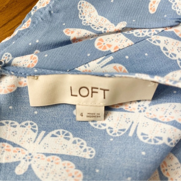 LOFT Butterfly Flutter Sleeve Midi Dress Sz 4 Blue/White Fluid Front‎ Slit - Picture 6 of 8